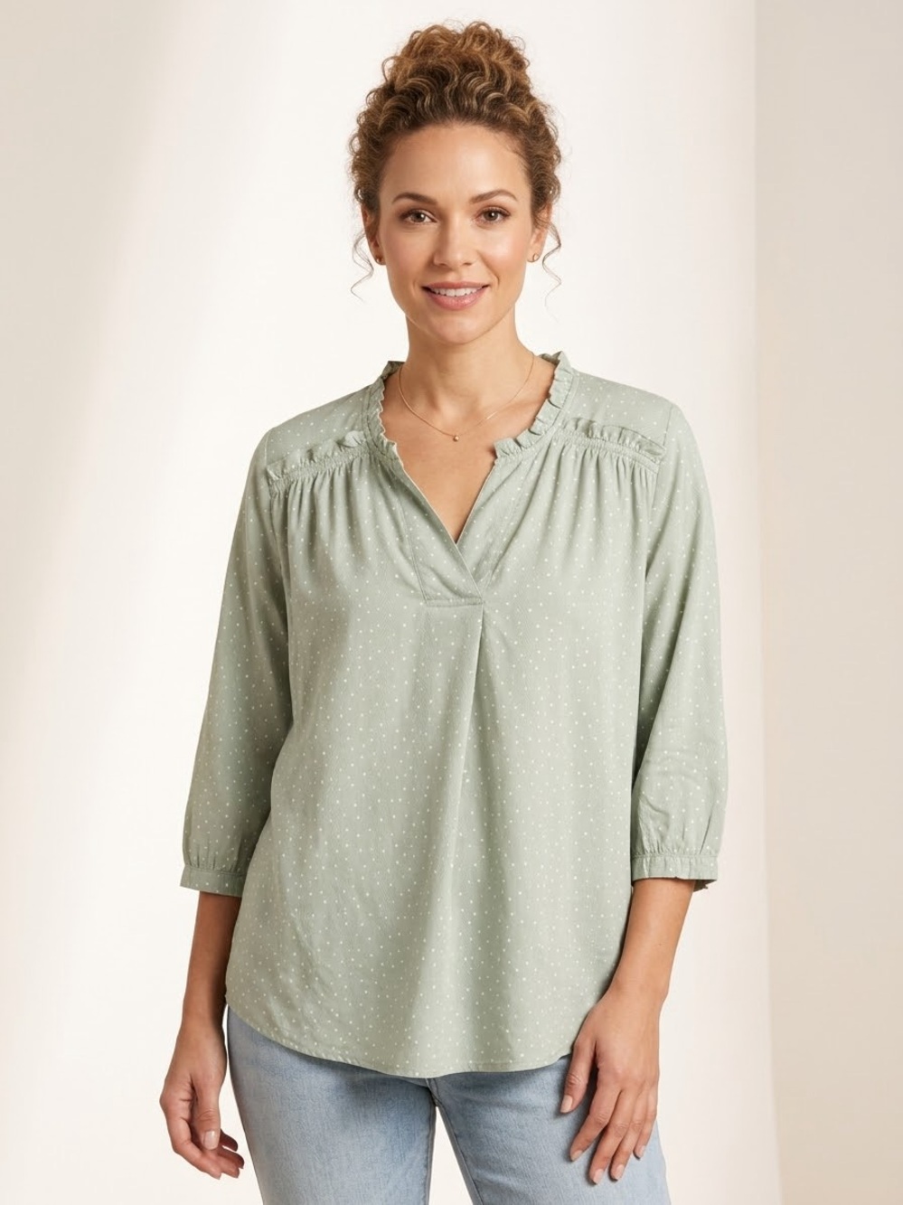Easel Sage Green Dotted Ruffle V-Neck Blouse